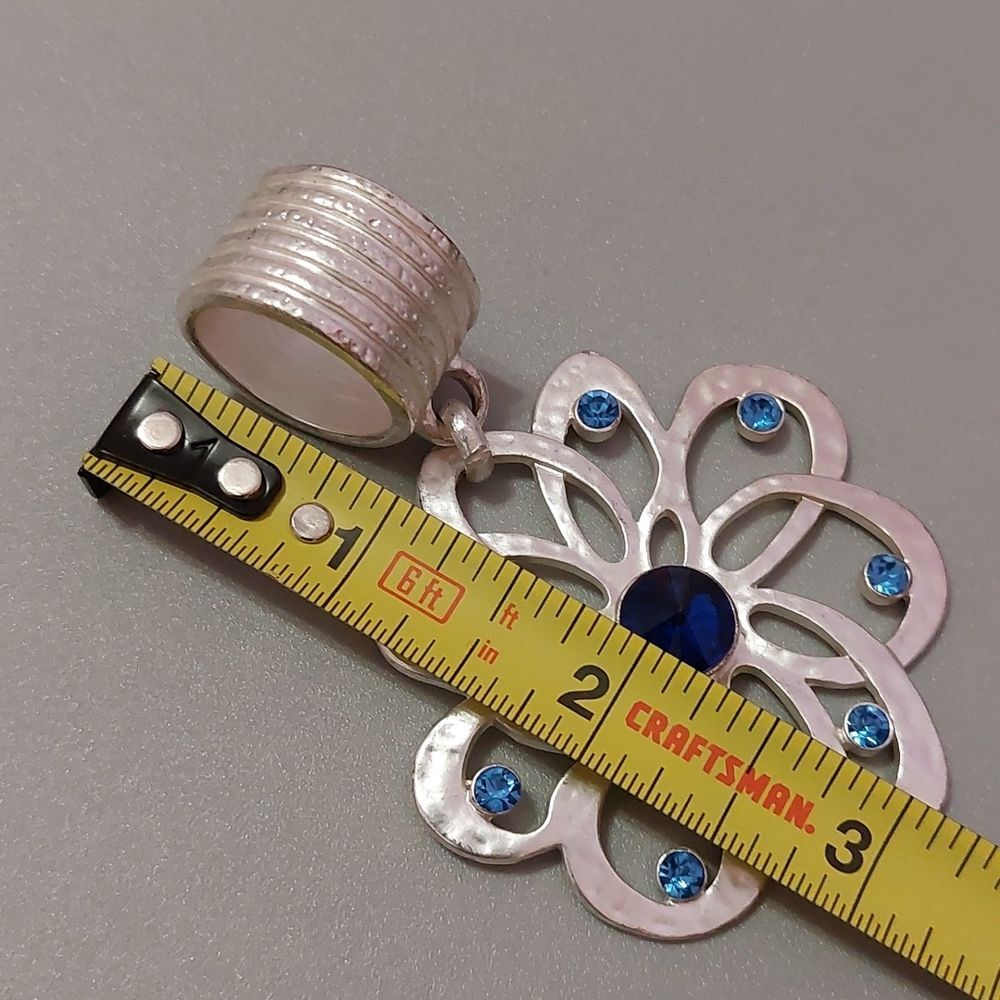 Silver Tone Cutout Flower with Blue Rhinestone Accent Pendant Scarf Accent Decor - Picture 4 of 5